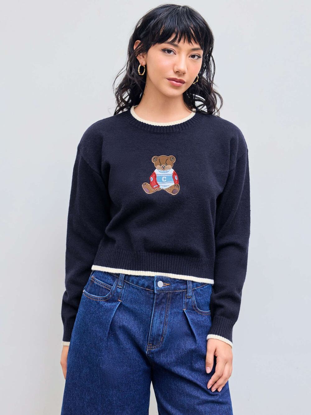 Cider Teddy Bear Embroidered Cropped Sweater Navy Blue Knit Women’s Small Cute